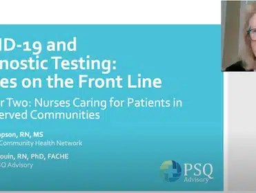 Partial portrait of a female speaker alongside webinar details about nurses caring for patients in underserved communities during COVID-19.