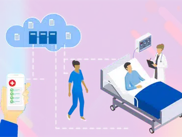 Illustration of a medical setting with a doctor monitoring a patient in a bed, a nurse walking by, and a hand holding a smartphone with medical alerts, all under a cloud symbolizing data storage.