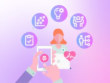 Illustration of hands holding a mobile device displaying healthcare icons, with a central figure of a healthcare professional and related medical symbols surrounding her.