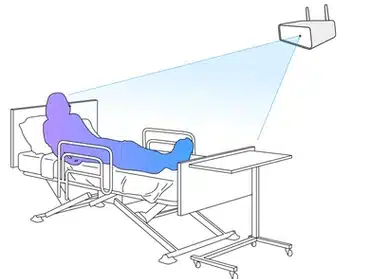 Illustration of a patient in bed being monitored by an overhead optical sensor for fall prevention.