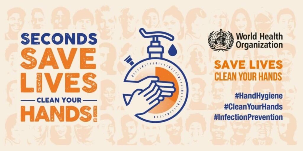 Hand hygiene promotional graphic with a hand under a soap dispenser, surrounded by the text "Seconds save lives: Clean your hands!" and the World Health Organization logo.